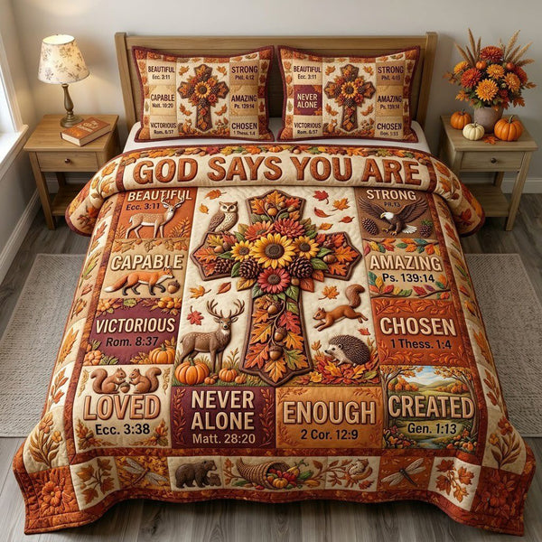 Autumn Floral Bible quilted 3-piece bedding set on a made bed in a softly lit bedroom