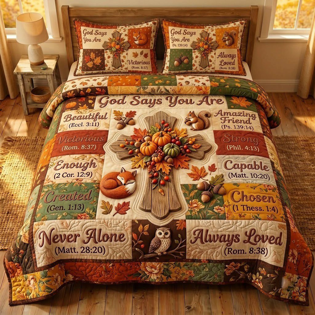 Autumn Floral Bible quilted 3-piece bedding set on a made bed in a softly lit bedroom