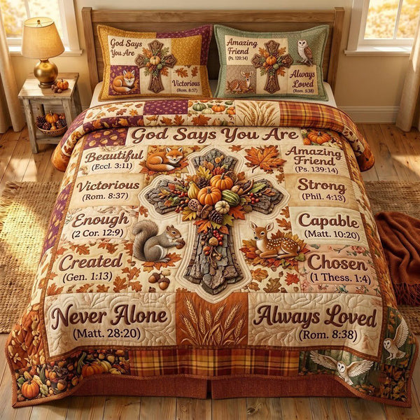 Autumn Floral Bible quilted 3-piece bedding set on a made bed in a softly lit bedroom