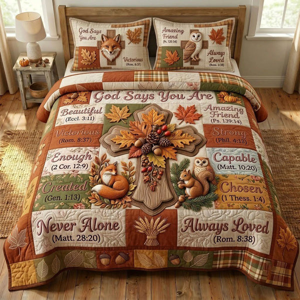 Autumn Floral Bible quilted 3-piece bedding set on a made bed in a softly lit bedroom
