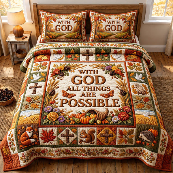 Autumn Floral Bible quilted 3-piece bedding set on a made bed in a softly lit bedroom