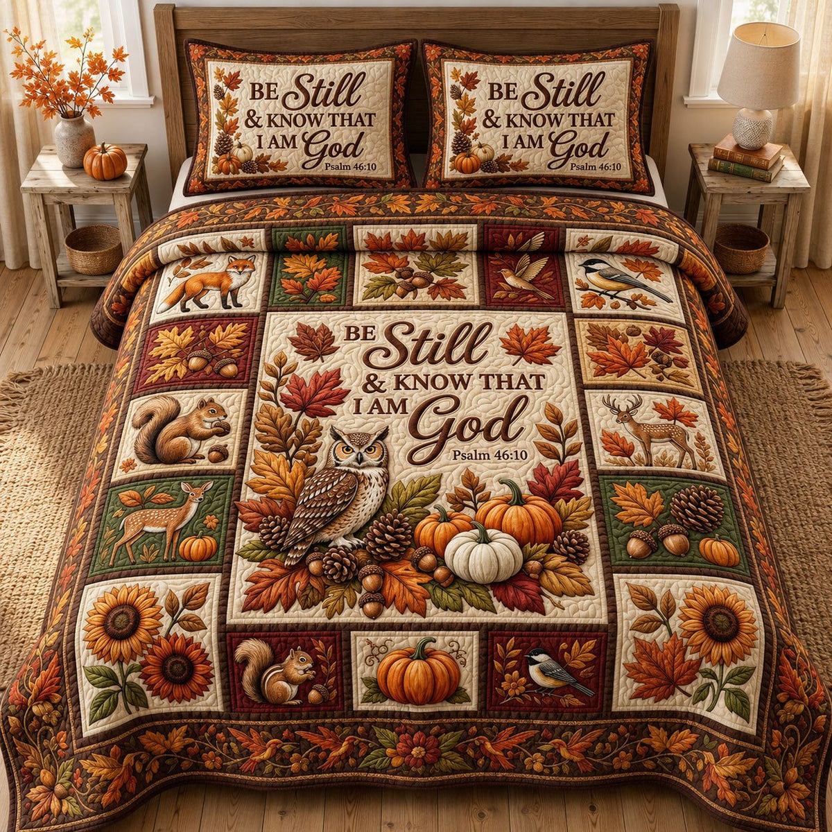 Autumn Floral Bible quilted 3-piece bedding set on a made bed in a softly lit bedroom