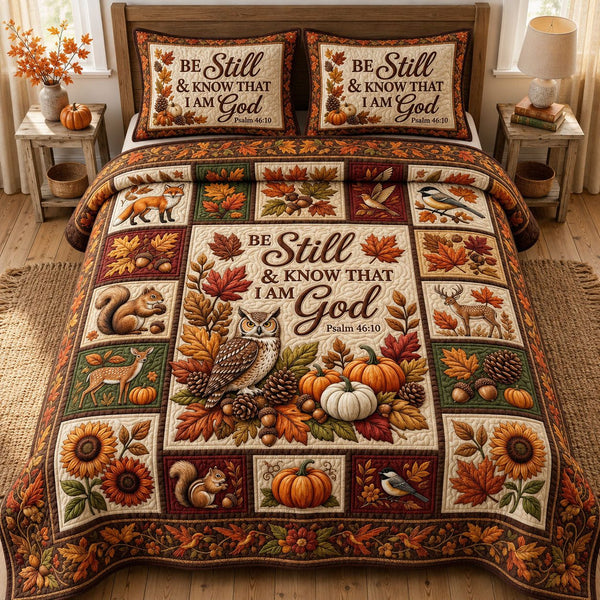 Autumn Floral Bible quilted 3-piece bedding set on a made bed in a softly lit bedroom