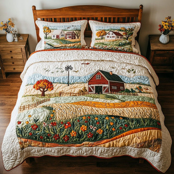 Autumn Floral Delight quilted 3-piece bedding set on a made bed with two matching pillow shams