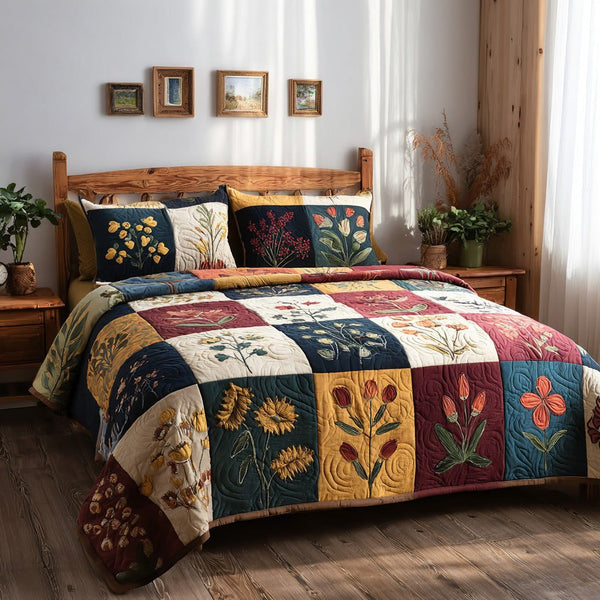 Autumn Florals quilted 3-piece bedding set on a made bed with two matching pillow shams