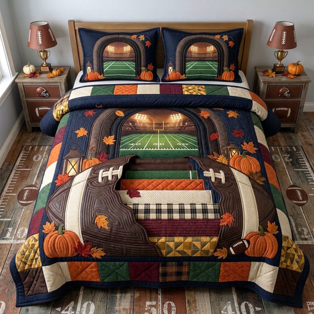 Autumn Football Field quilted 3-piece bedding set on a made bed with two matching pillow shams