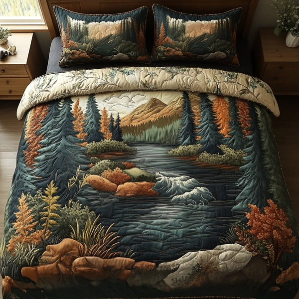 Autumn Forest Breeze quilted 3-piece bedding set on a made bed with two matching pillow shams