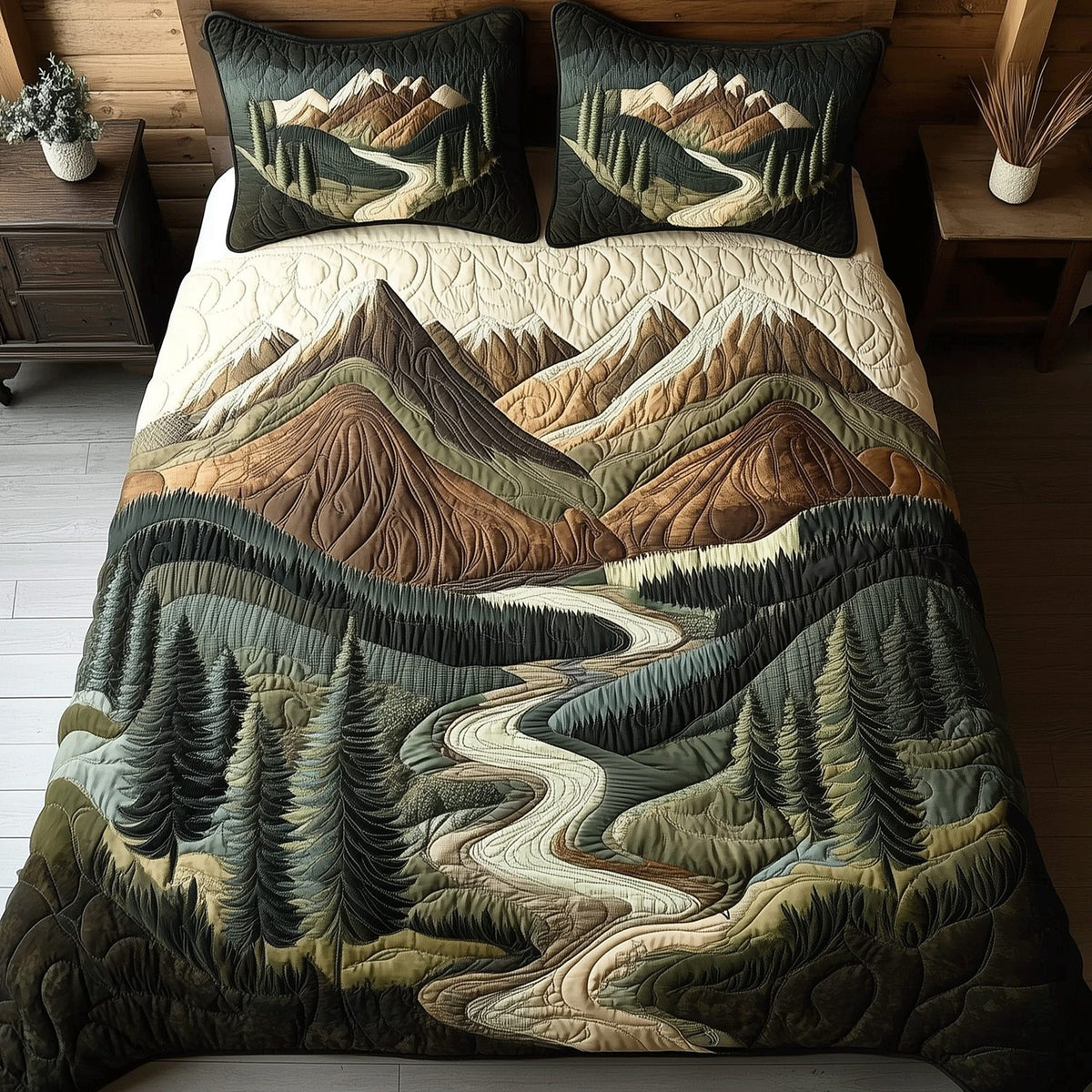 Autumn Forest Calm quilted 3-piece bedding set on a made bed with two matching pillow shams