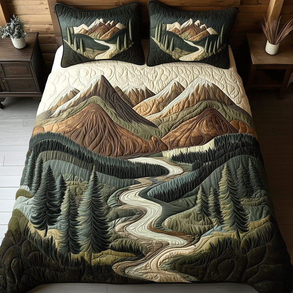 Autumn Forest Calm quilted 3-piece bedding set on a made bed with two matching pillow shams