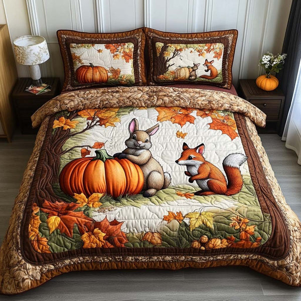 Autumn Forest Friends quilted 3-piece bedding set on a made bed with two matching pillow shams