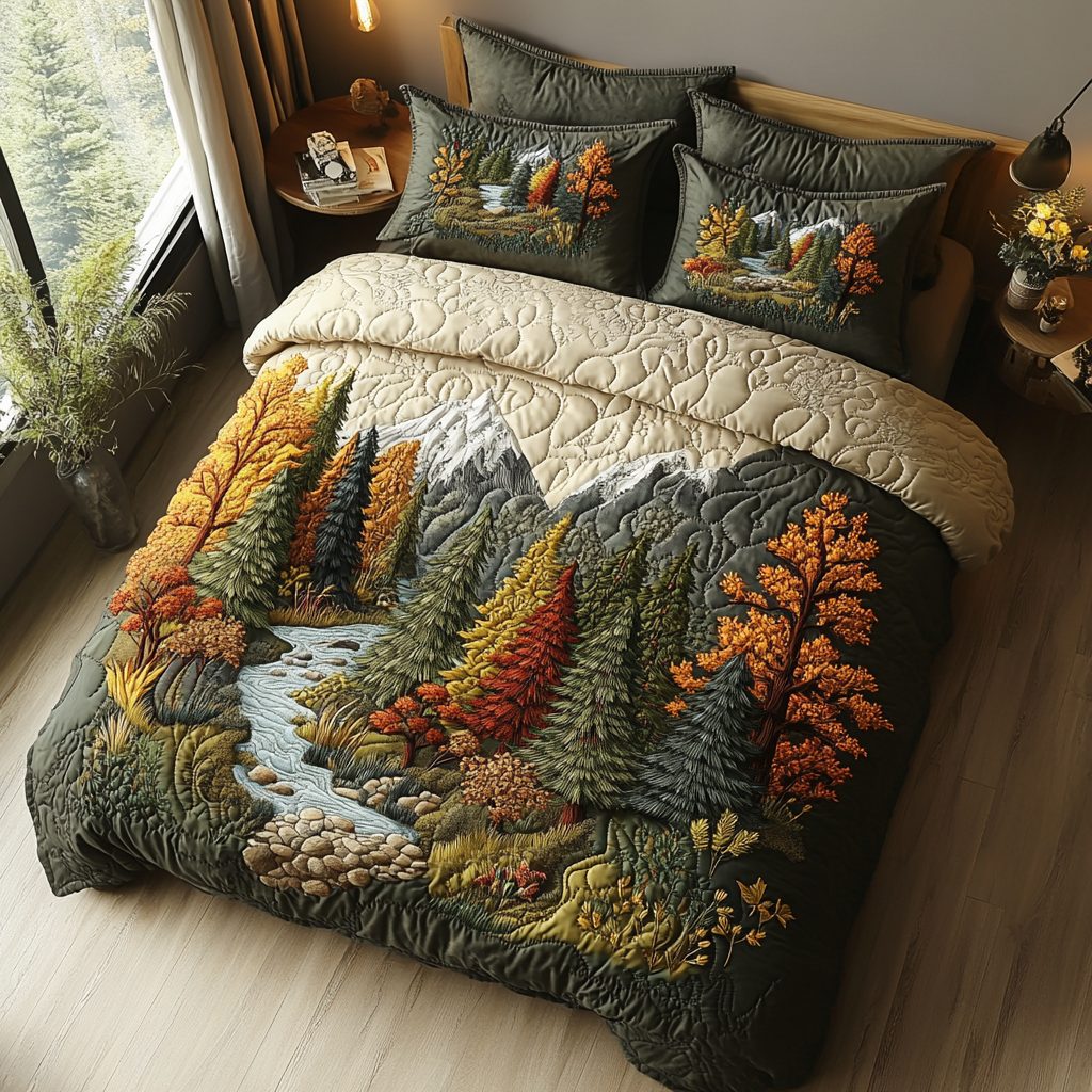 Autumn Forest Glow quilted 3-piece bedding set on a made bed with two matching pillow shams
