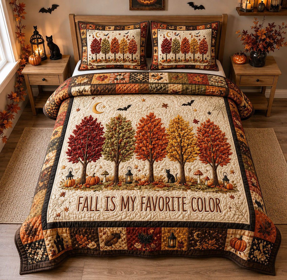 Autumn Forest Halloween quilted 3-piece bedding set on a made bed against a dark styled interior