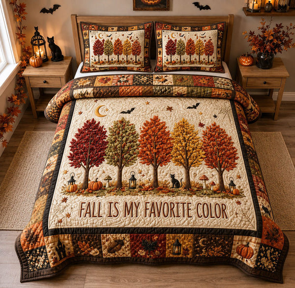 Autumn Forest Halloween quilted 3-piece bedding set on a made bed against a dark styled interior