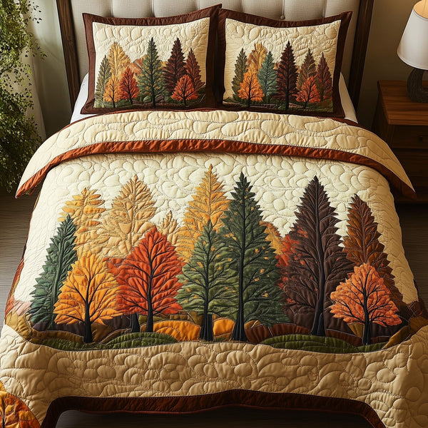 Autumn Forest quilted 3-piece bedding set on a made bed with two matching pillow shams