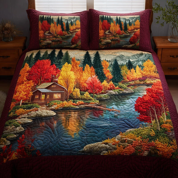 Autumn Forest quilted 3-piece bedding set on a made bed with two matching pillow shams