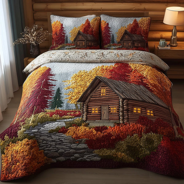 Autumn Forest quilted 3-piece bedding set on a made bed with two matching pillow shams
