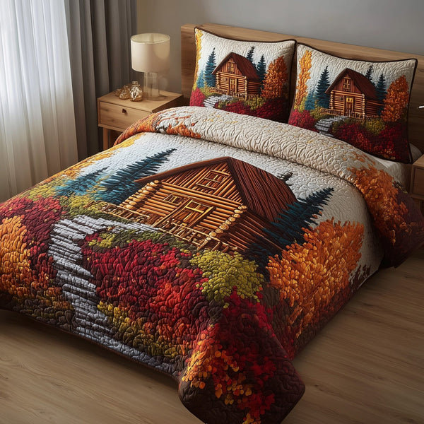 Autumn Forest quilted 3-piece bedding set on a made bed with two matching pillow shams