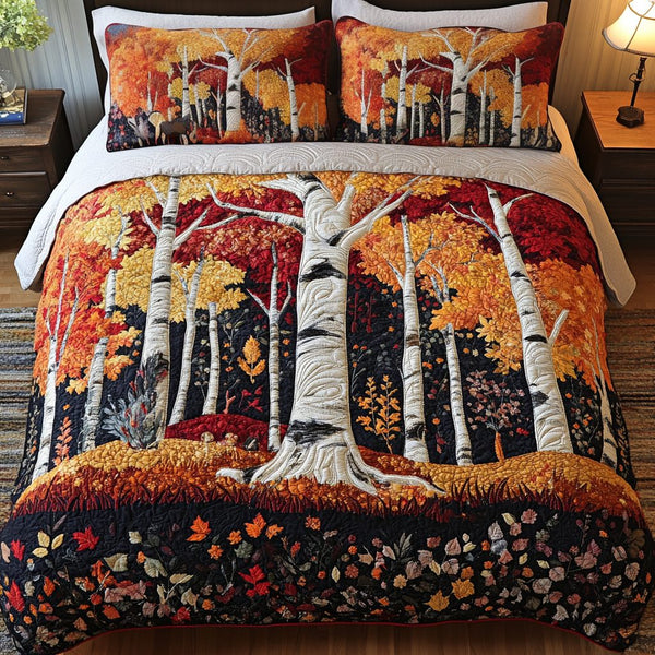 Autumn Forest quilted 3-piece bedding set on a made bed with two matching pillow shams