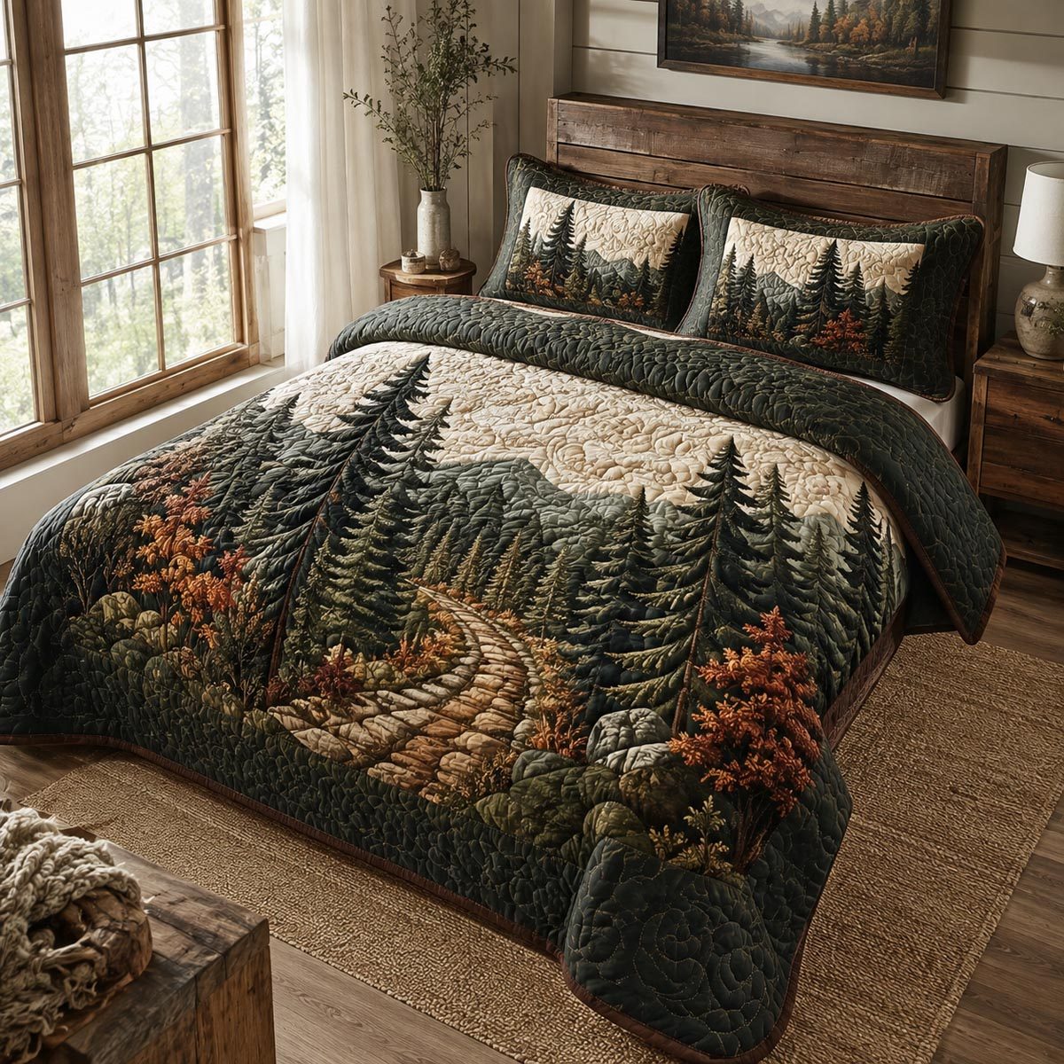 Autumn Forest Trail quilted 3-piece bedding set on a made bed with two matching pillow shams