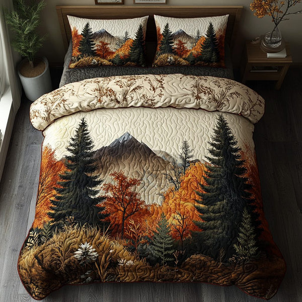 Autumn Forest Trail quilted 3-piece bedding set on a made bed with two matching pillow shams