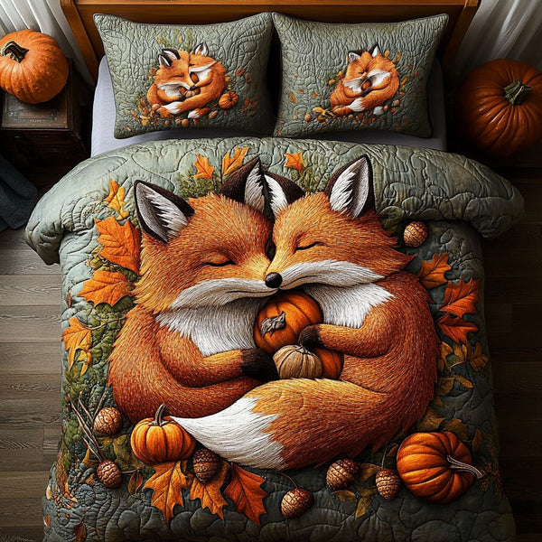 Autumn Fox Adventure quilted 3-piece bedding set on a made bed in a winter-styled bedroom