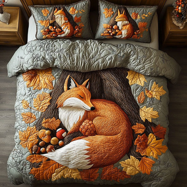 Autumn Fox Hunt quilted 3-piece bedding set on a made bed with two matching pillow shams
