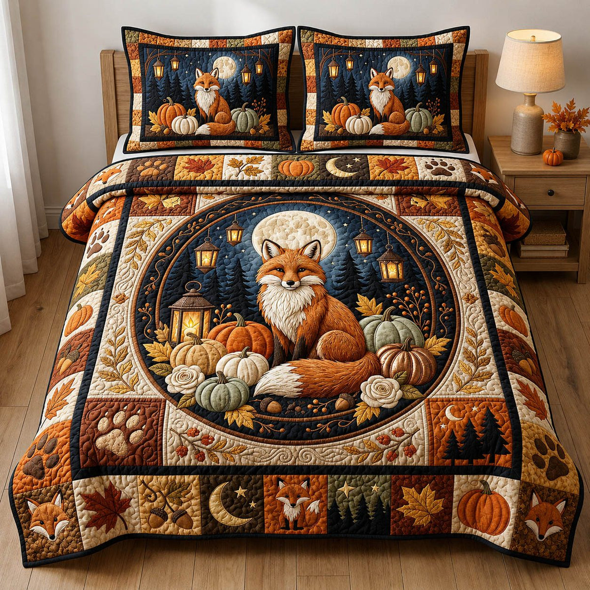 Autumn Fox quilted 3-piece bedding set on a made bed with two matching pillow shams