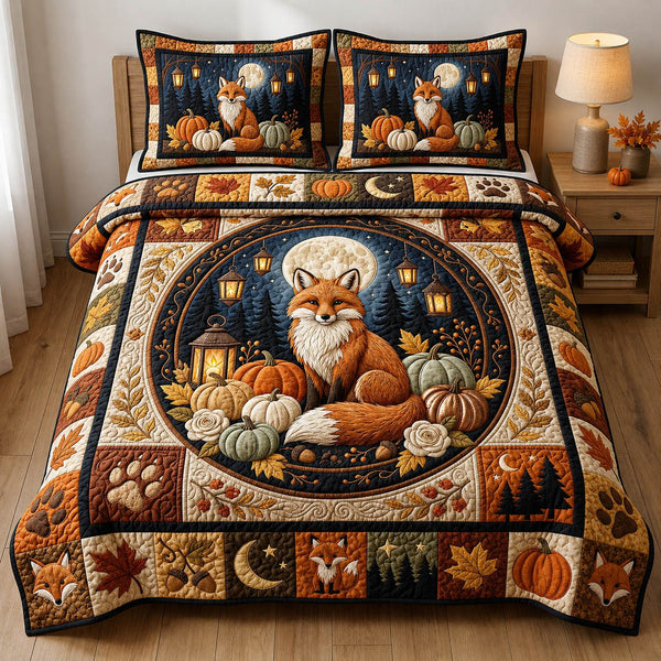 Autumn Fox quilted 3-piece bedding set on a made bed with two matching pillow shams