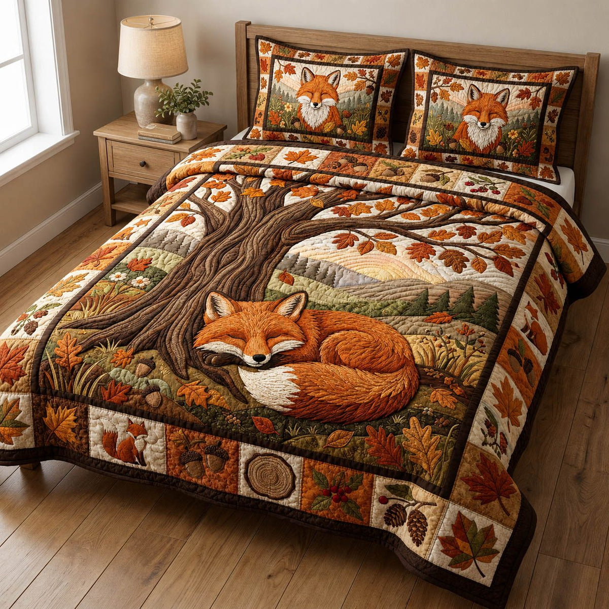 Autumn Fox quilted 3-piece bedding set on a made bed with two matching pillow shams