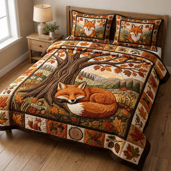 Autumn Fox quilted 3-piece bedding set on a made bed with two matching pillow shams
