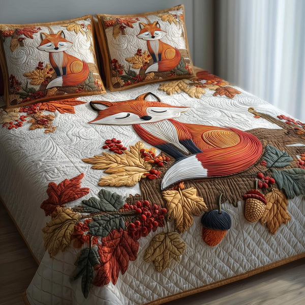 Autumn Fox quilted 3-piece bedding set on a made bed with two matching pillow shams