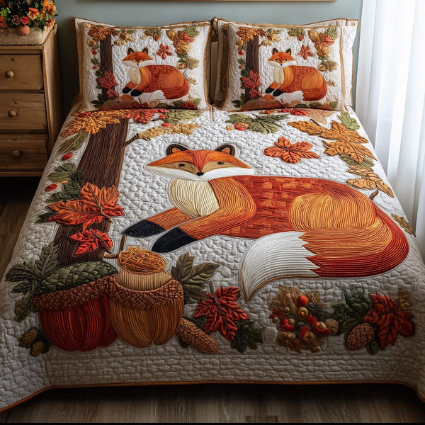 Autumn Fox quilted 3-piece bedding set on a made bed with two matching pillow shams