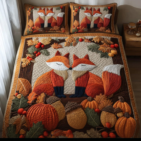 Autumn Fox quilted 3-piece bedding set on a made bed with two matching pillow shams