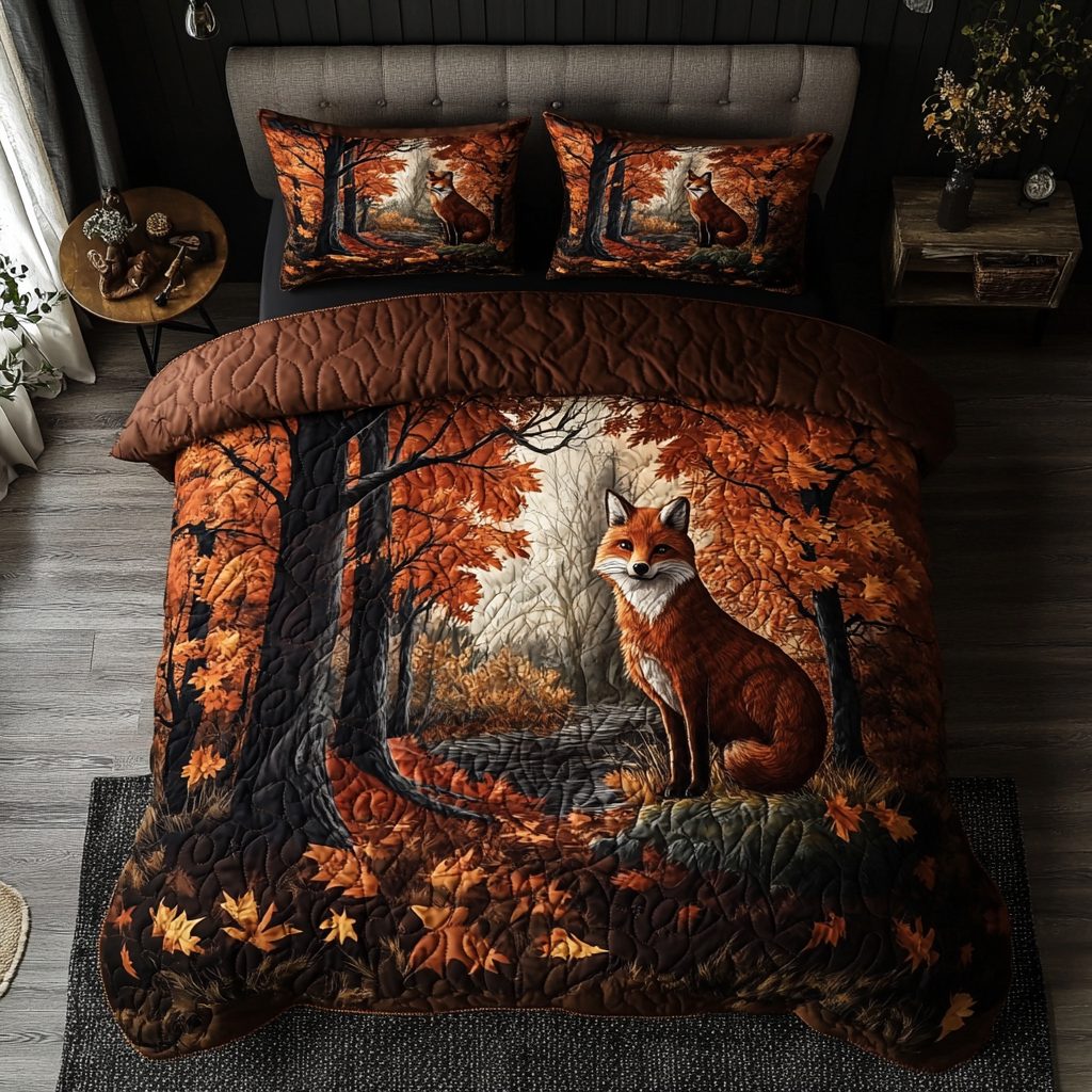 Autumn Fox quilted 3-piece bedding set on a made bed with two matching pillow shams