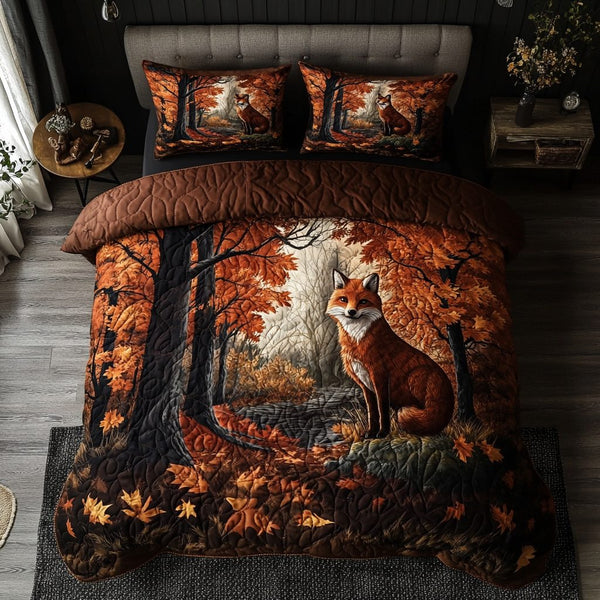 Autumn Fox quilted 3-piece bedding set on a made bed with two matching pillow shams