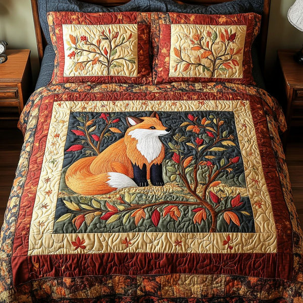 Autumn Fox quilted 3-piece bedding set on a made bed with two matching pillow shams
