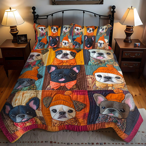 Autumn French Bulldog quilted 3-piece bedding set on a made bed with two matching pillow shams
