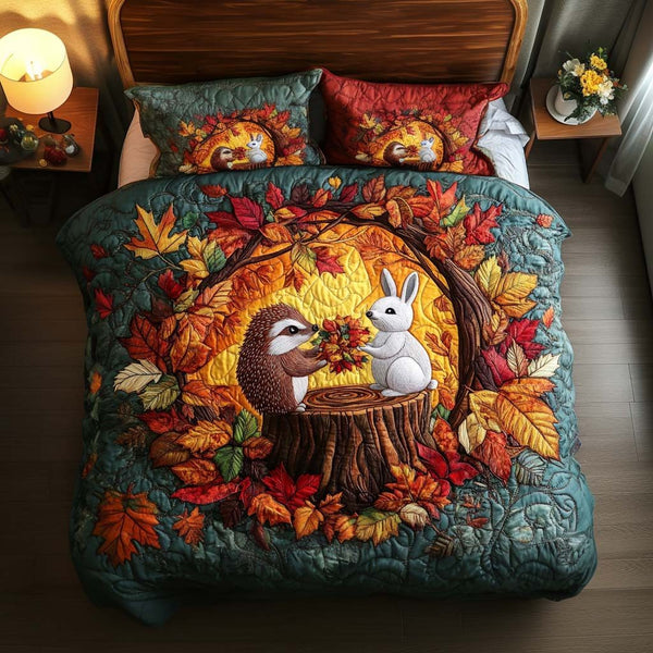 Autumn Friends quilted 3-piece bedding set on a made bed with two matching pillow shams