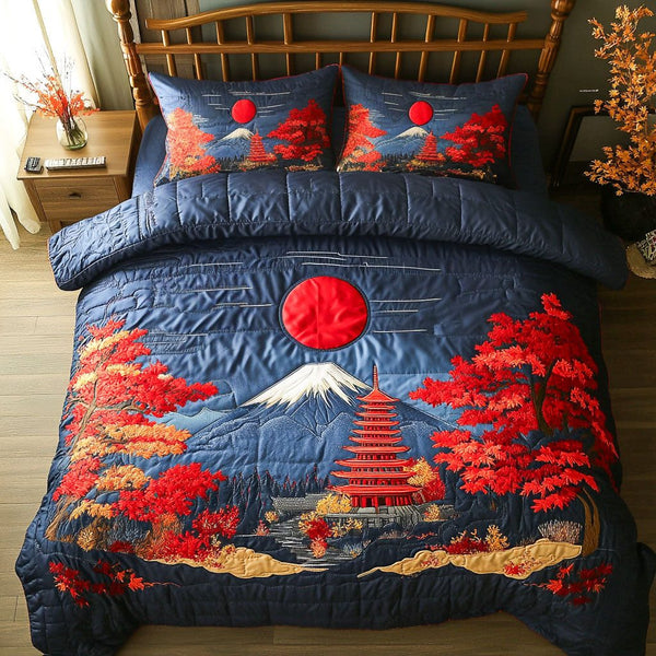 Autumn Fuji Glow quilted 3-piece bedding set on a made bed with two matching pillow shams