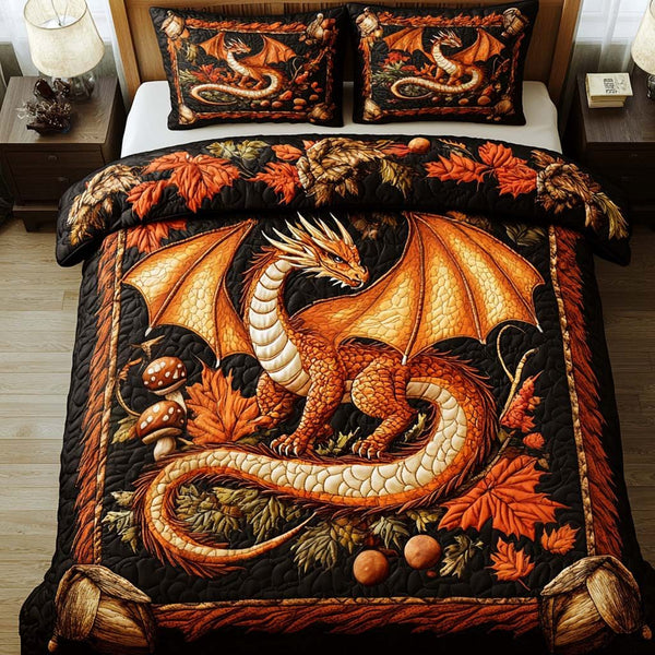 Autumn Fury quilted 3-piece bedding set on a made bed with two matching pillow shams