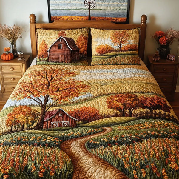 Autumn Garden quilted 3-piece bedding set on a made bed with two matching pillow shams