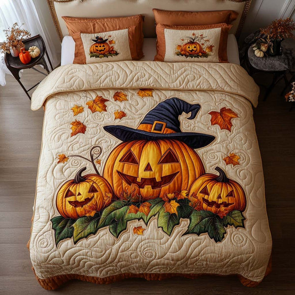 Autumn Gathering Time quilted 3-piece bedding set on a made bed with two matching pillow shams