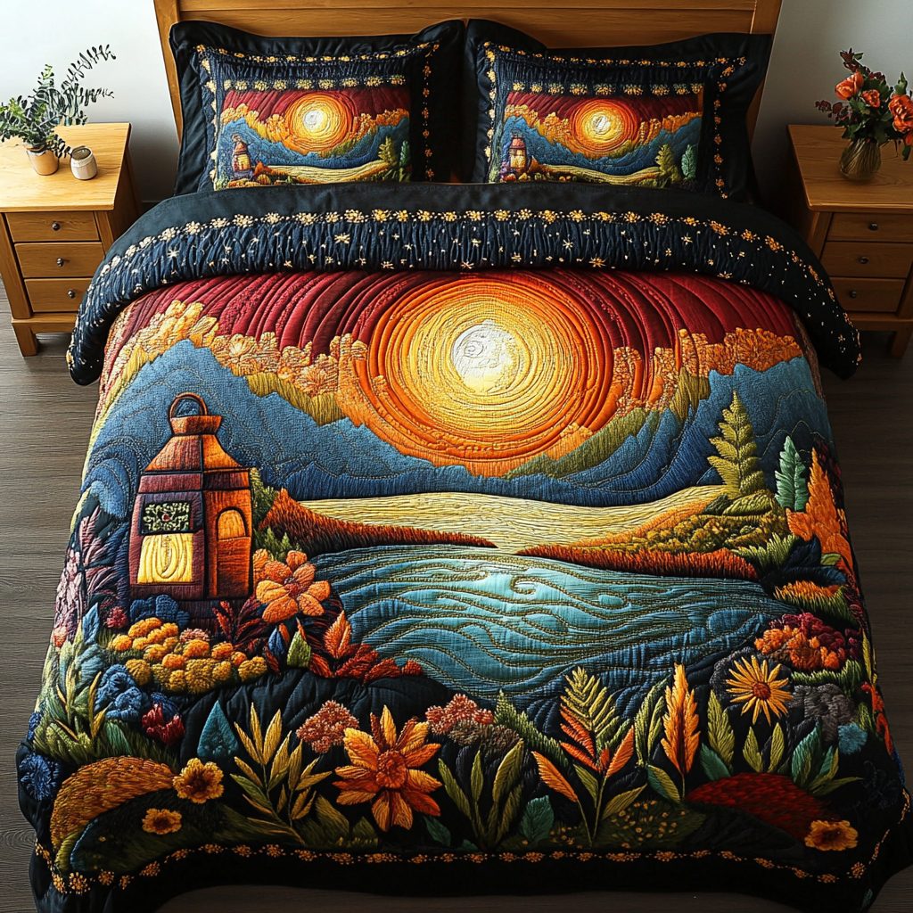 Autumn Glade quilted 3-piece bedding set on a made bed with two matching pillow shams