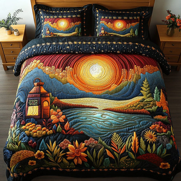 Autumn Glade quilted 3-piece bedding set on a made bed with two matching pillow shams