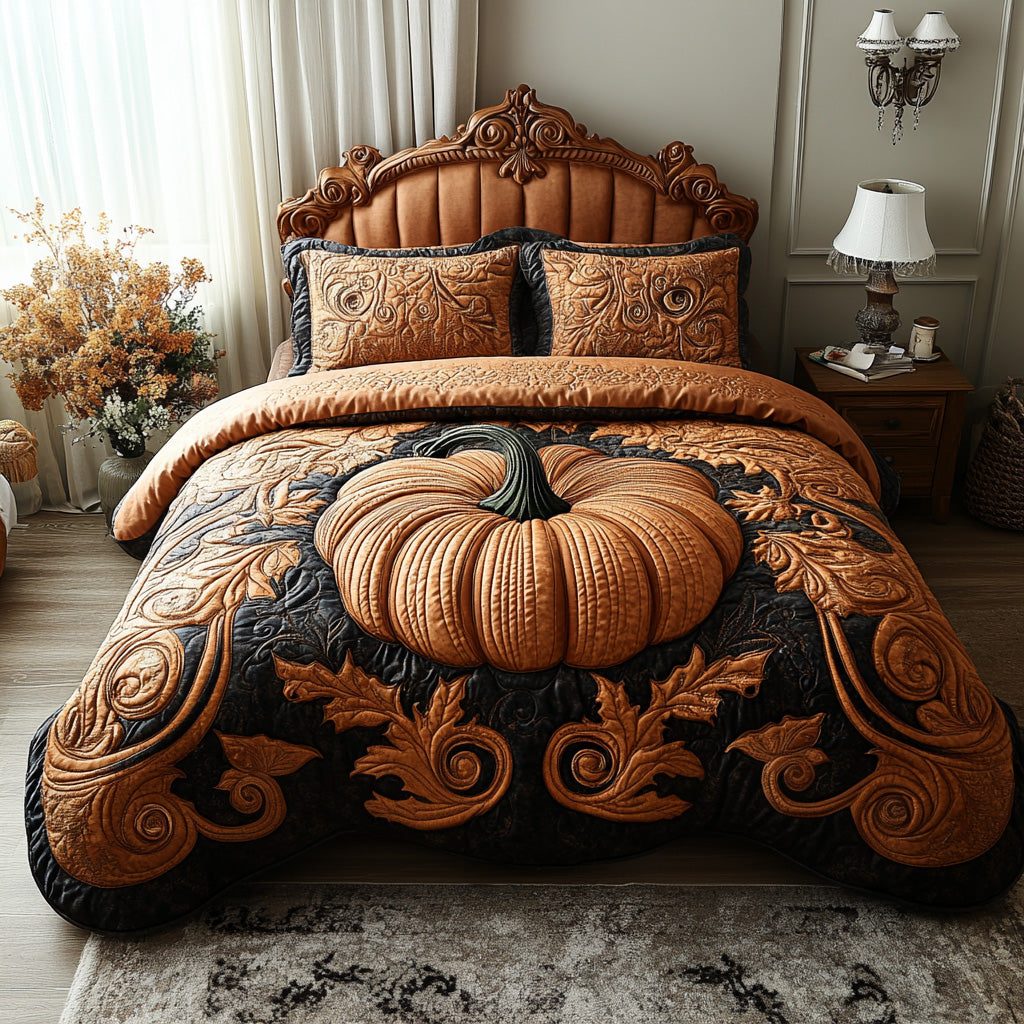 Autumn Glow quilted 3-piece bedding set on a made bed with two matching pillow shams