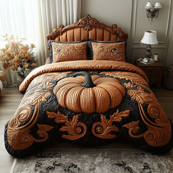 Autumn Glow quilted 3-piece bedding set on a made bed with two matching pillow shams