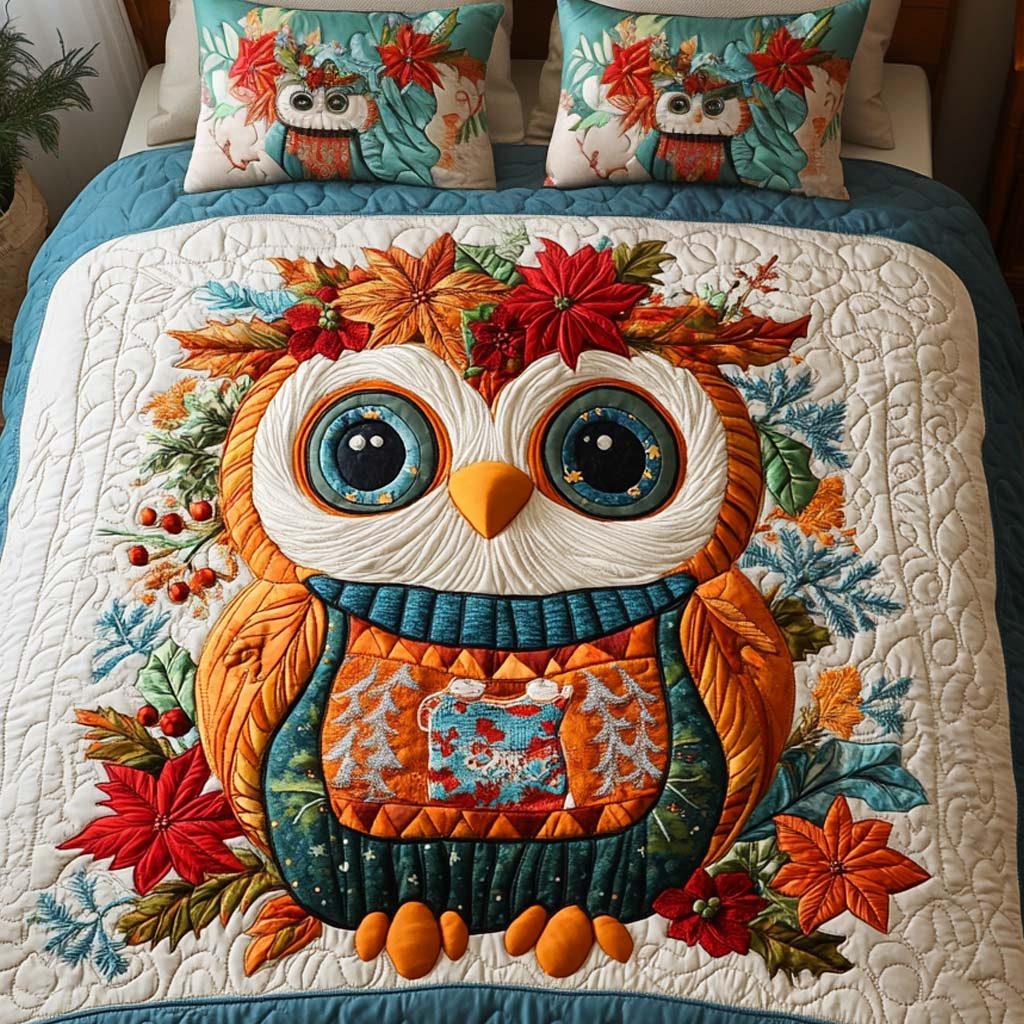 Autumn Glow quilted 3-piece bedding set on a made bed with two matching pillow shams