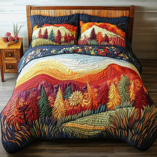 Autumn Glow quilted 3-piece bedding set on a made bed with two matching pillow shams