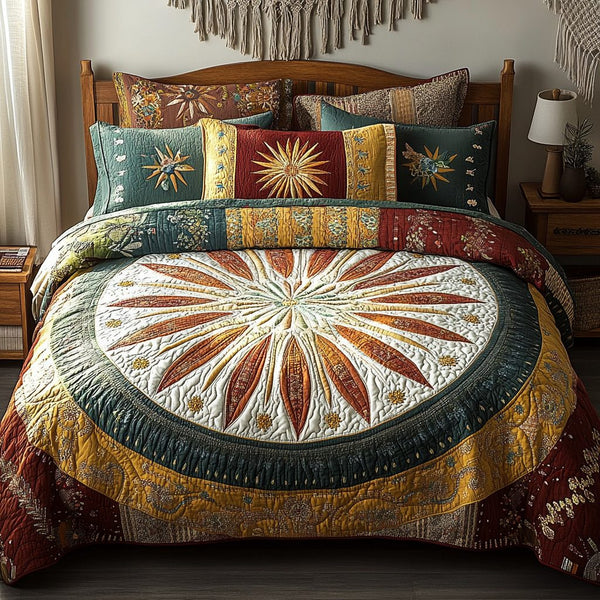 Autumn Glow quilted 3-piece bedding set on a made bed with two matching pillow shams