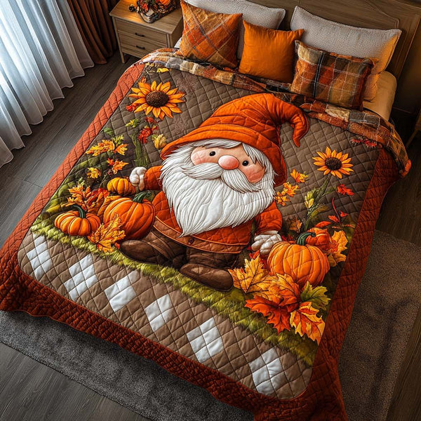 Autumn Gnome Dance quilted 3-piece bedding set on a made bed in a winter-styled bedroom